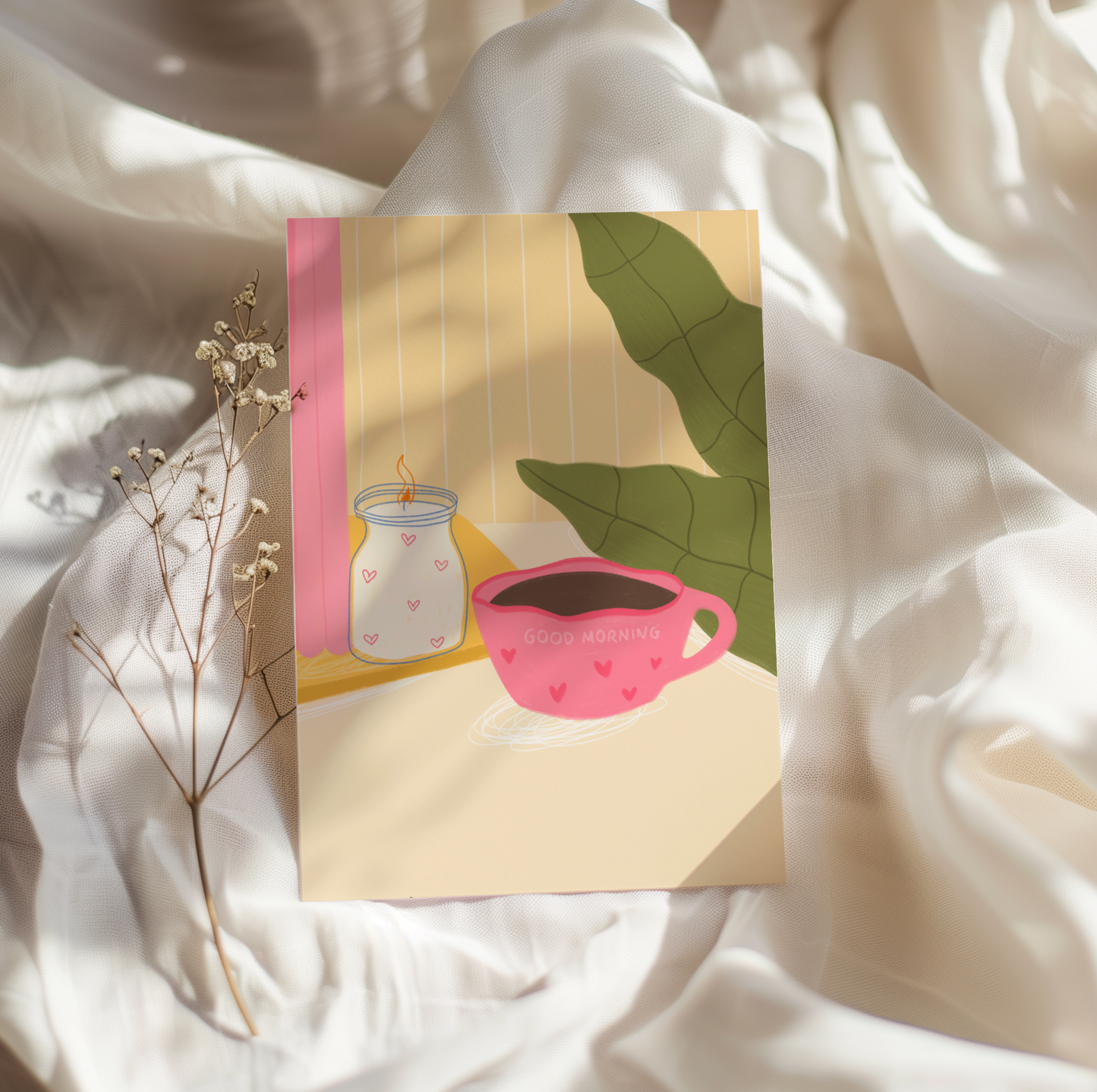 Lámina taza rosa, planta y vela tamaño A5