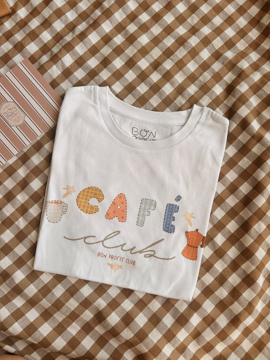Camiseta manga corta mujer blanca café club tipo patchwork