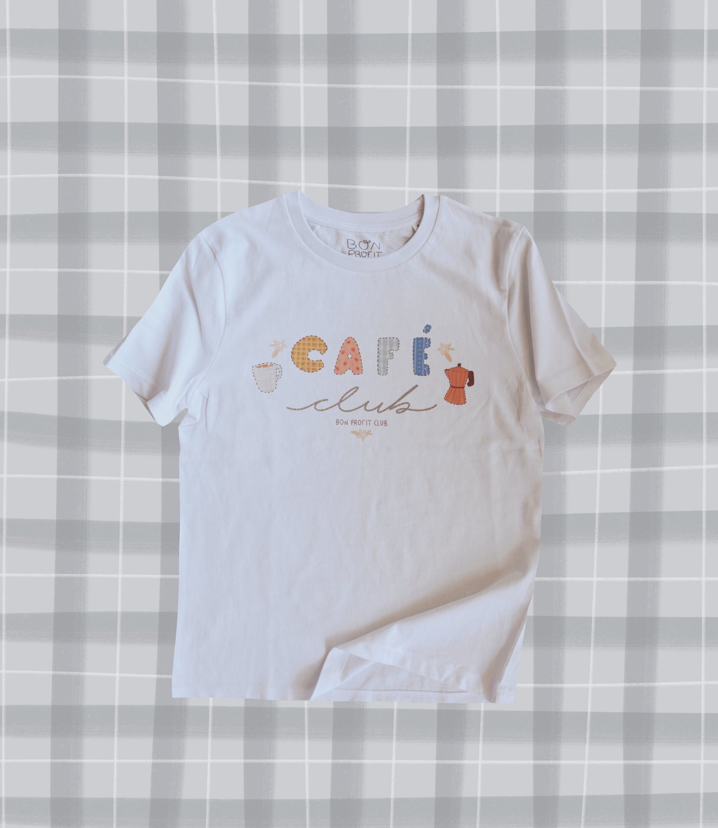 Camiseta manga corta mujer blanca café club tipo patchwork