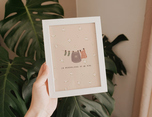 Lámina normalidad ropa tendida flores beige tamaño A5 y 10x15