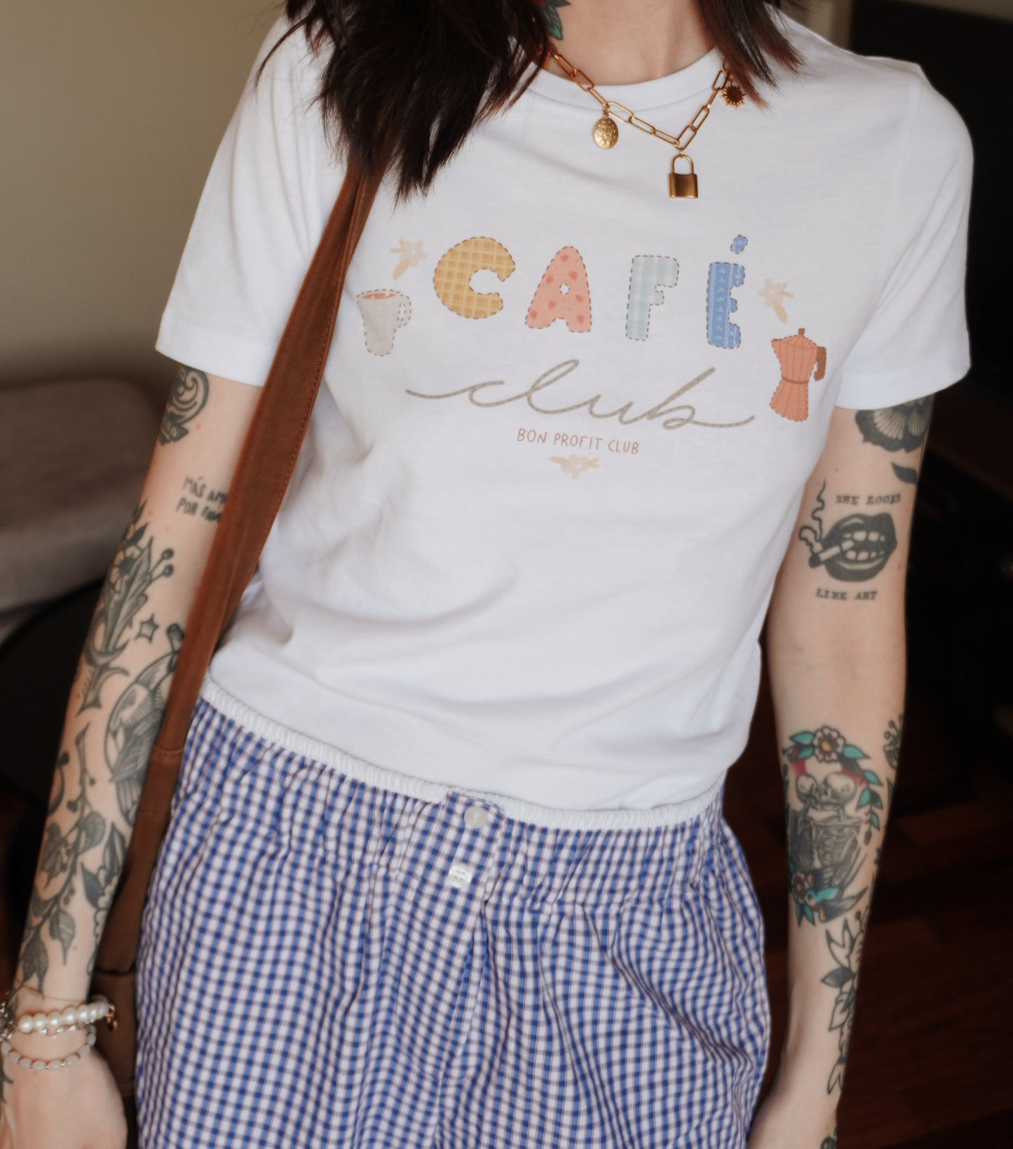 Camiseta manga corta mujer blanca café club tipo patchwork