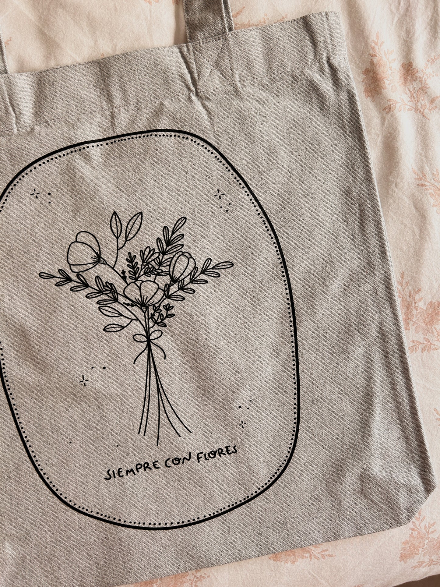 Tote bag gris flores 300g/m²