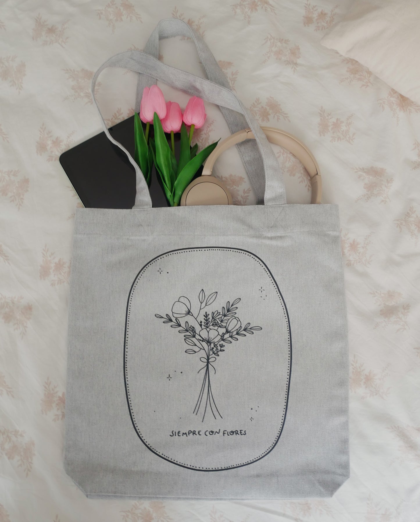 Tote bag gris flores 300g/m²