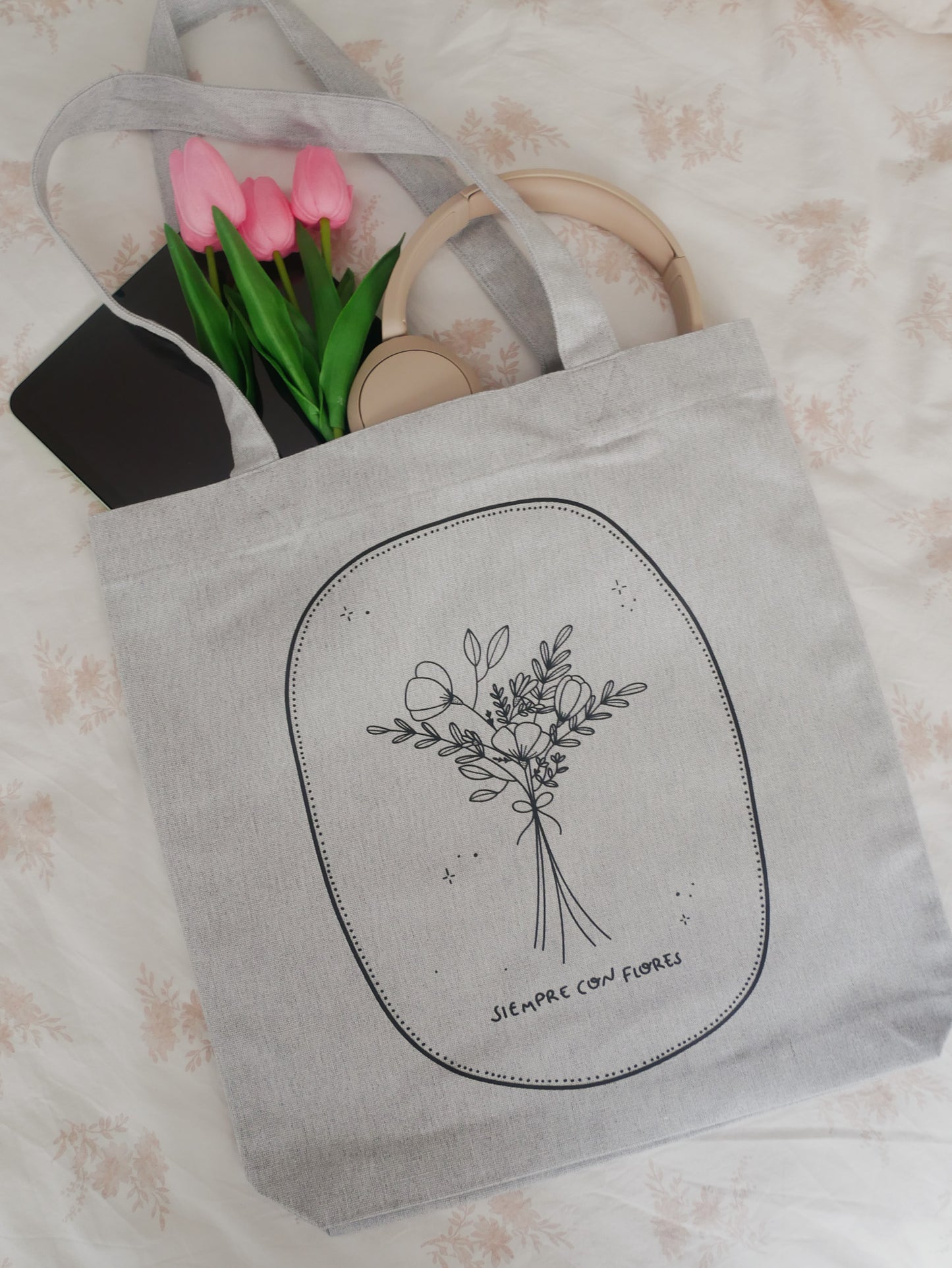 Tote bag gris flores 300g/m²